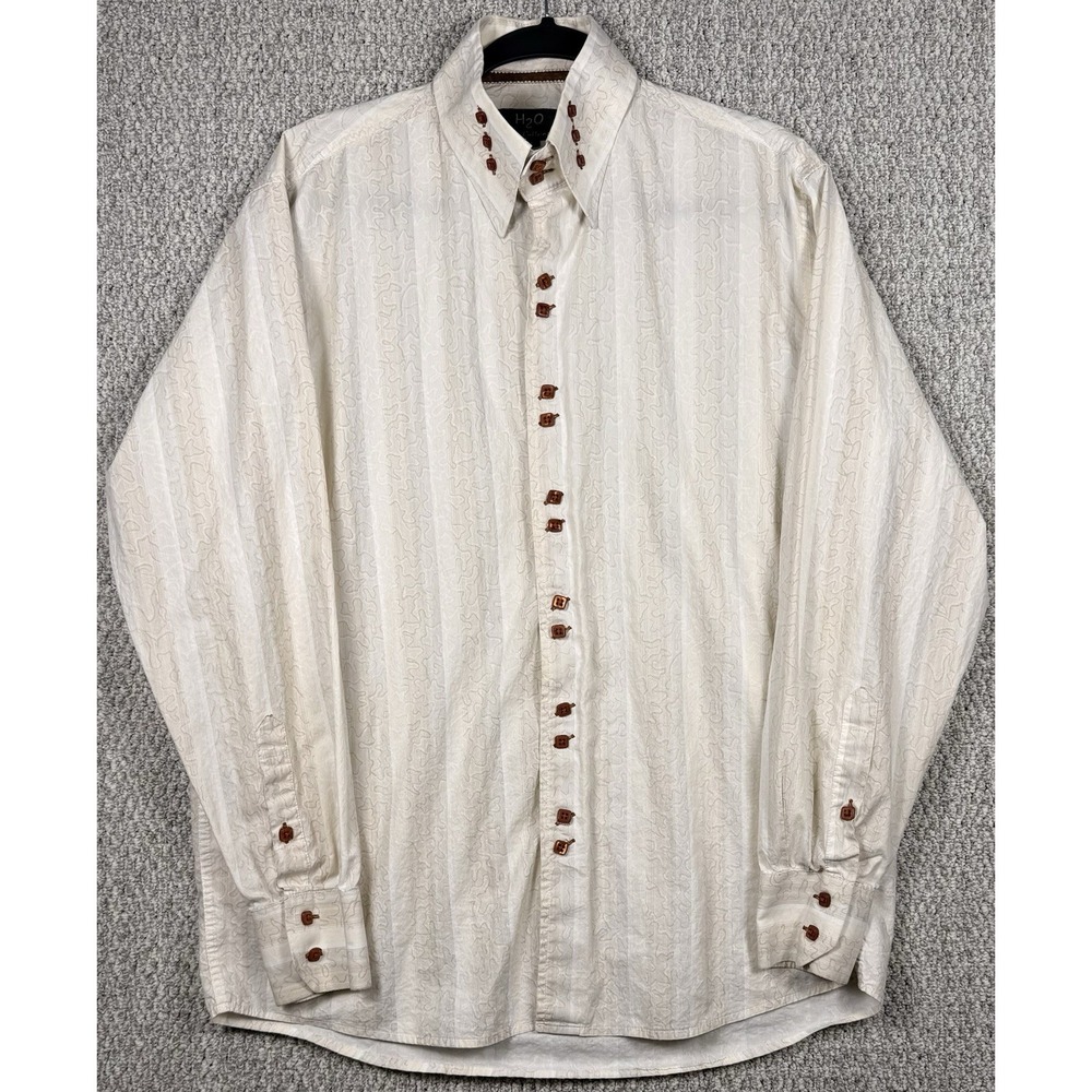 H2O Ivory Jacquard Textured Tonal Stripe Shirt L Statement Buttons Long Sleeve